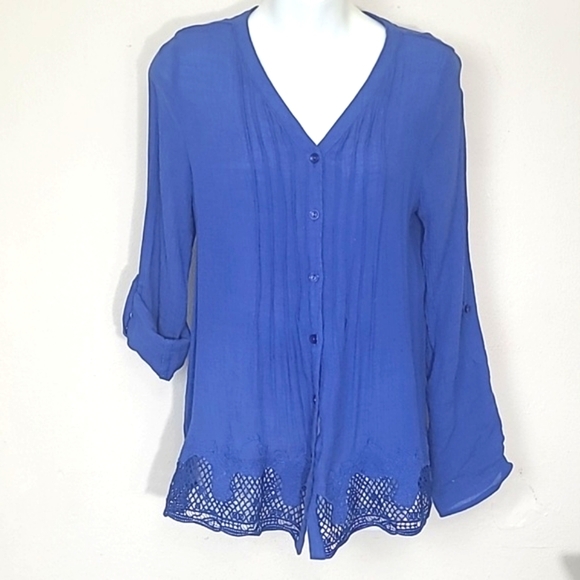 New Directions Lace Hem Blouse Royal Blue Button Front Long Sleeve Boho Chic S - Picture 1 of 6
